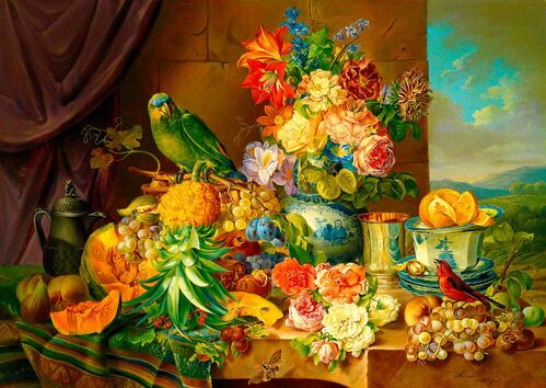 BODEGON CON FLORES DE FRUTAS Y UN LORO